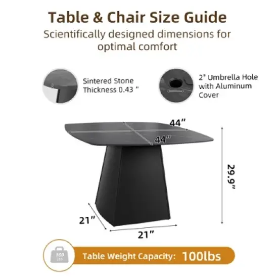 UNISOAR 5-Piece Outdoor Pedestal Dining Set, 1* Black Sintered StoneTop & 4 Chair, Rust-Free Aluminum, Weather-Resistant, for Patio or Deck image {3}