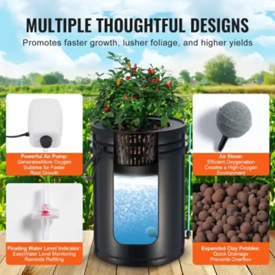 VEVOR DWC Hydroponics Grow System, Hydroponic Growing System with Top Drip Kit, Deep Water Culture 5-Gallon 2 Buckets, with Air Pump, Black image {6}