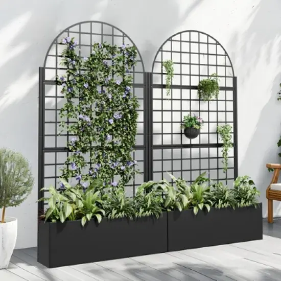 PexFix 71" x 35.4" Tall Wrought Iron Garden Arched Trellis with Planter Box Black Outdoor Plant Support for Climbing Flowers Vines Patio Yard Decor image {1}