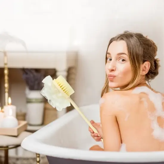 Unique Bargains Double-sided Long Handle with Bath Flower Bath Brush 14.96"x3.94"x2.76" 1 Pc image {5}