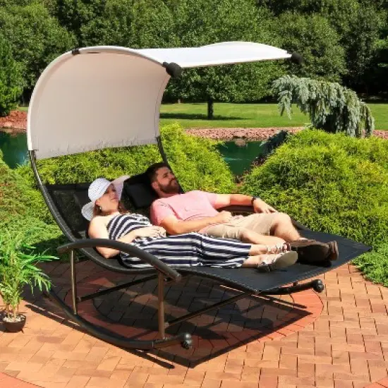 Sunnydaze Outdoor Double Chaise Lounge Bed with Canopy Shade and Headrest Pillows, Black image {5}