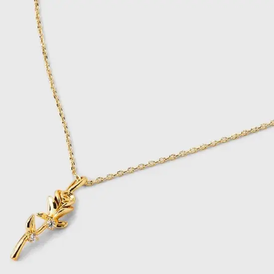 14K Gold Plated Rose Pendant Necklace - A New Day&trade;: Brass, Cubic Zirconia, 16" Length, Lobster Claw Clasp image {4}