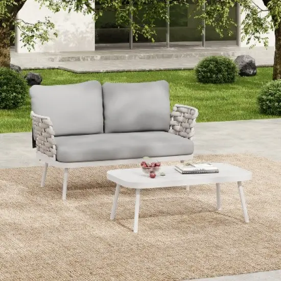 Christopher Knight Home Barbara Modern Outdoor Metal Coffee Table and Upholstered Lovesear Set image {11}