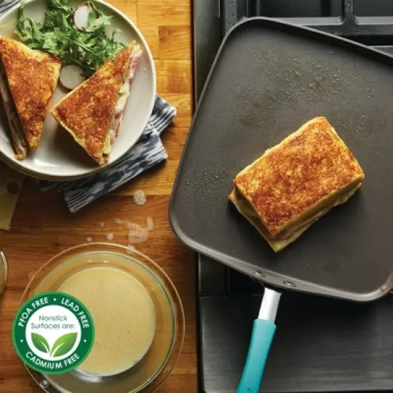 Rachael Ray Cucina Hard Anodized 11" Square Shallow Griddle Agave Blue Handle image {1}