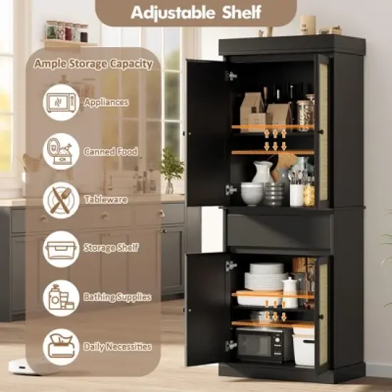 Freestanding 69" Tall Storage Kitchen Pantry Cabinet with Rattan Doors and Adjustable Shelves, Cupboard with Drawer for Bathroom, Living Room image {3}