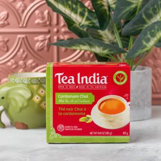 Tea India Premium Red Box Cardamom Chai Tea with 80 Round Teabags Pack of 12 image {3}