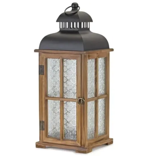 HomeRoots Set of Two Brown and Black Frosted Glass Wood and Metal Floor Lantern Candle Holders image {3}