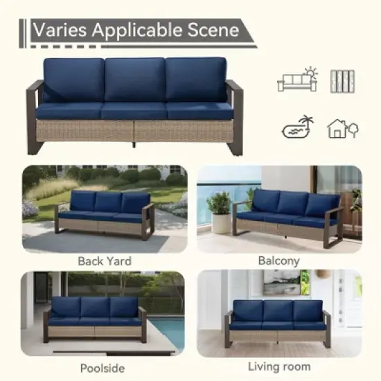 COWLOWN Dark Blue Outdoor Rattan Patio Sofa, 3-Seat Wicker Couch with Armrests and Cushions, Weather-Resistant Furniture for Backyard, Garden, Porch image {6}