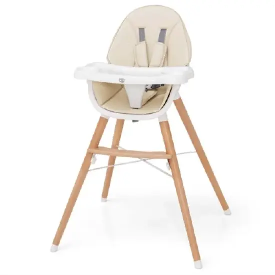 Babyjoy Baby High Chair Wooden Feeding Chair with 4-Gear Tray & Removable Cushion Beige/Grey image {8}