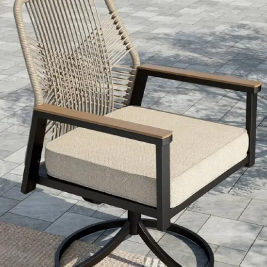 Captiva Designs 7pc Patio Dining Rectangle Steel Table and Swivel Wicker Chairs with Thick Cushions image {3}