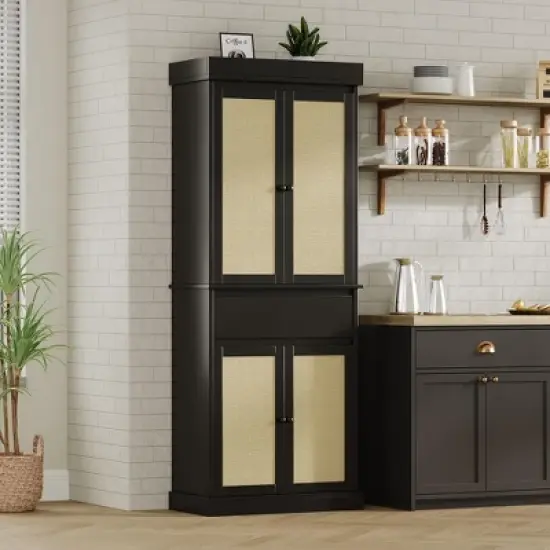 Kitchen Pantry Cabinet, Tall Storage Cabinet with Rattan Doors and Adjustable Shelves, Freestanding Cupboard with Drawer for Bathroom, (Black) image {2}