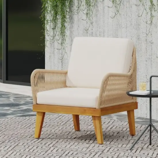 Outdoor Lounge Chair with Cushions,Acacia Wood and Rope Weave Club Chair for Patio or Balcony-Maison Boucle image {2}