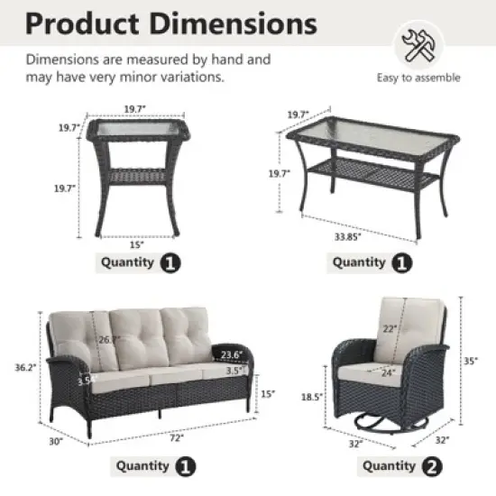 POCASSY Black Wicker Patio Furniture Set Outdoor Swivel Rocker Patio Glider Chairs Set of 2 with Side Table for Porch Balcony in Beige Cushion image {10}