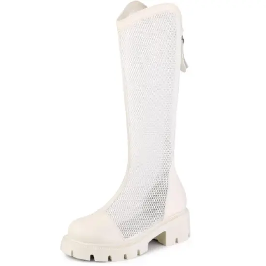 Allegra K Women's Mesh Round Toe Back Zip Chunky Heels Knee High Boots image {8}