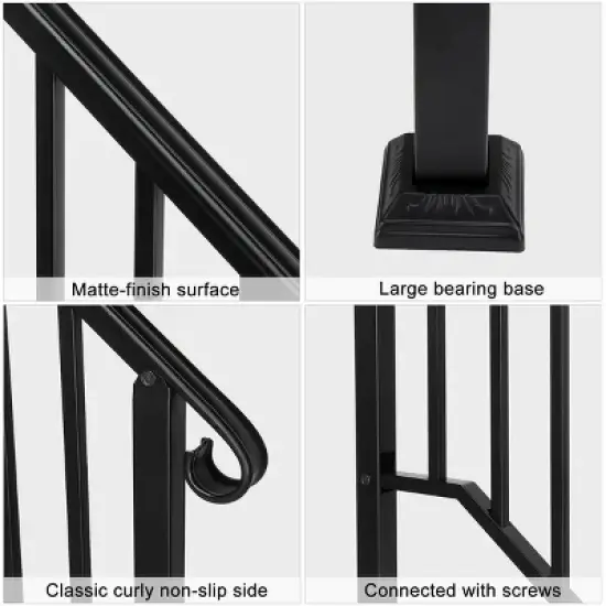 Racxily Outdoor Stair Handrail for 1 to 4 Steps Black Carbon, Steel Transitional Hand Rail Kit, Seniors Entryway Step Support image {3}