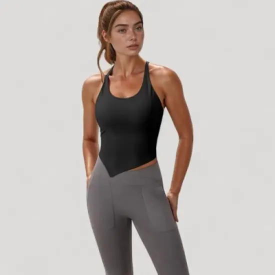 Anna-Kaci Active Women's Scoop Neck Racerback Tank Top with Handkerchief Hem and Built-In Shelf Bra for Low Impact Activity image {3}