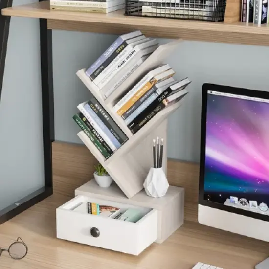 Tangkula 5-Tier Tree Bookshelf w/ Wooden Drawer Display Storage Organizer Rack image {2}