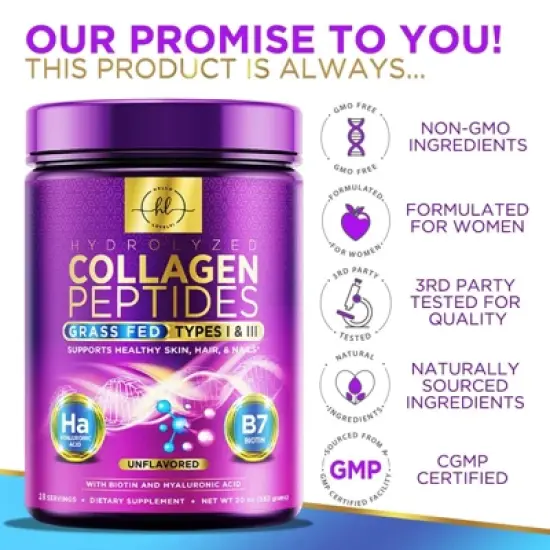 Collagen Peptides Powder Unflavored Grass Fed Collagen Powder Type I & III Collagen Supplements, Hyaluronic Acid, Biotin, 28 Servings By Hello Lovely! image {3}
