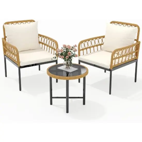 3 Piece Patio Bistro Set, Outdoor Wicker Apartment Balcony Furniture Sets, Rattan Table and Chairs Set of 2, Beige image {7}