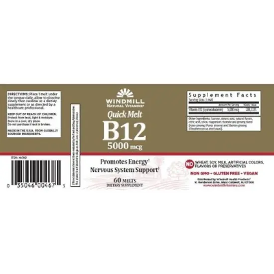 Windmill Quick Melt Vitamin B-12 5000 MCG Dietary Supplement 60 Ct image {1}