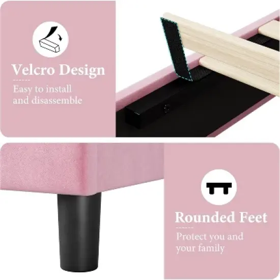 Twin/Full/Queen/King Size Bed Frame with Upholstered Headboard, Wood Slat Platform, No Box Spring Needed, Noise-Free, Easy Assembly, Pink image {4}
