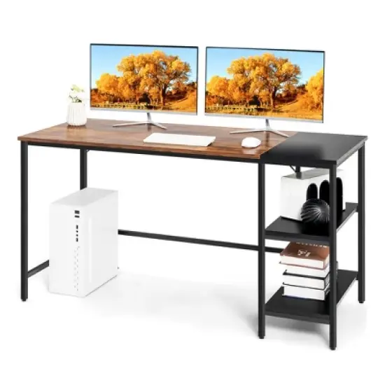 Costway 55'' Computer Desk Writing Workstation Study Table Home Office with Bookshelf Black/Rustic image {9}