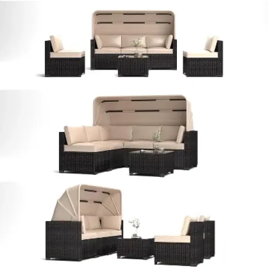 Jojoka 6-Piece Outdoor Sofa Set, Daybed with Retractable Canopy, Patio Lounge with Adjustable Backrests, Chaise Lounge, Garden Furniture image {2}