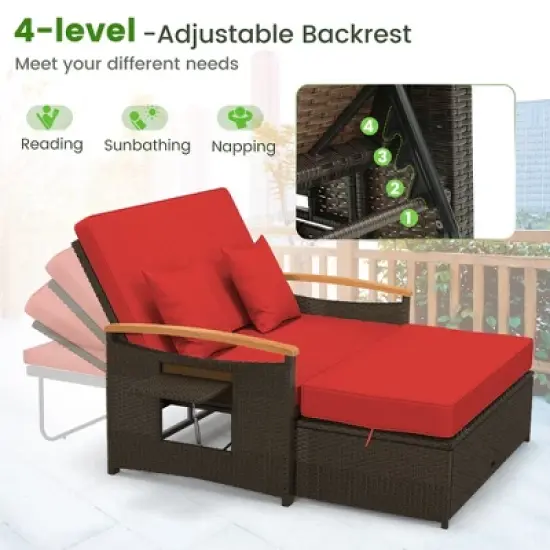 Tangkula Patio Rattan Daybed Set w/ Cushioned Loveseat & Storage Ottoman image {5}
