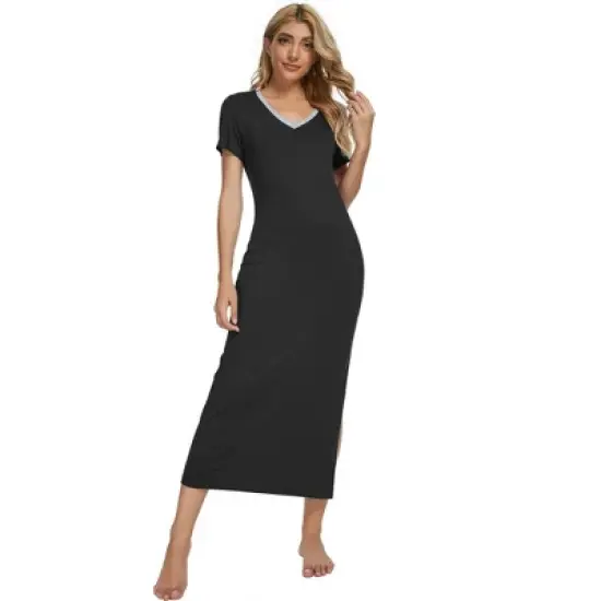 cheibear Womens Sleepwear Long Pajama Dress with Side Slit Nightshirt Lounge Nightgown image {1}