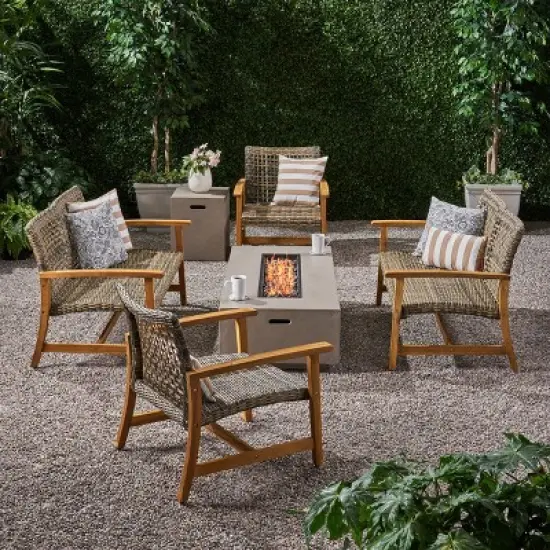 Christopher Knight Home Augusta Outdoor Acacia Wood and Wicker 6 Seater Chat Set with Fire Pit image {17}