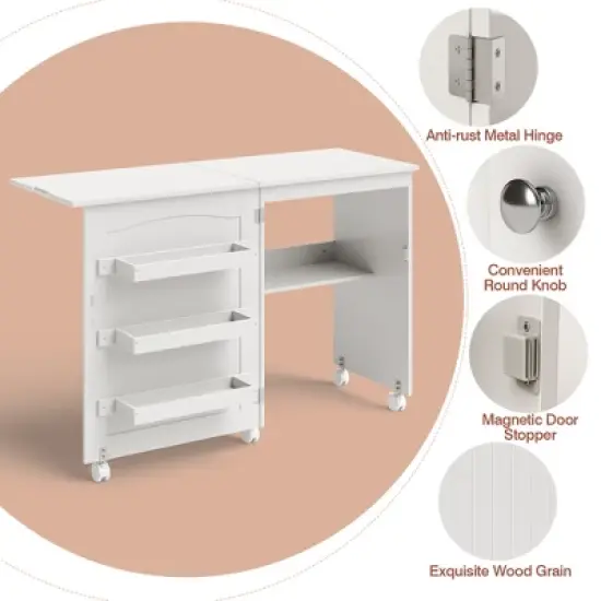Costway White Folding Sewing Craft Table with Storage Shelves Cabinet Lockable Wheels image {4}
