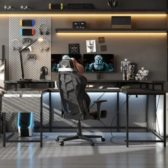 U Shaped Computer Gaming Desk, 79&rsquo;&rsquo; Reversible l Shaped Computer Desk with Power Outlet & LED Strip, Office Desk with Monitor Stand image {2}