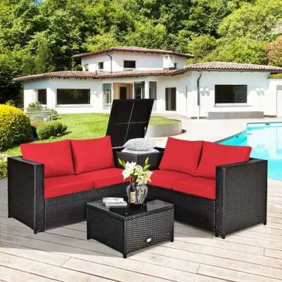Costway 8PCS Outdoor Patio Rattan Furniture Set Cushioned Loveseat Storage Table Red\Navy image {1}
