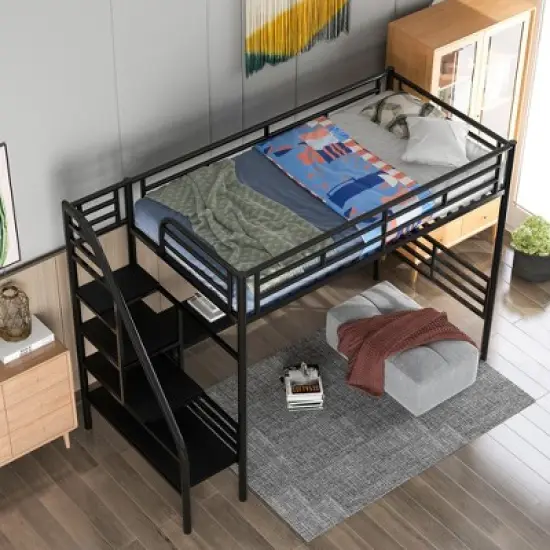 Metal Twin Size Loft Bed with Desk, Black - ModernLuxe image {1}