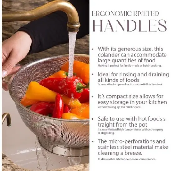 Bellemain 5 Qt Stainless Steel Colander Bowl | Handle, Kitchen Food Strainer for Pasta, Veggies & More image {4}