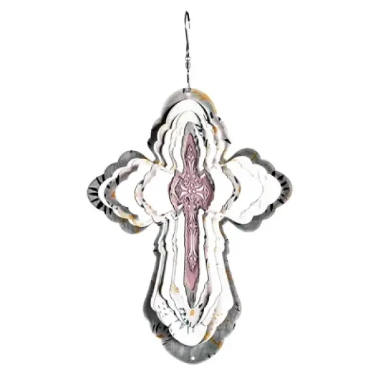 Dicksons WS-4 Cut Out Cross Shaped Pink and White 15 x 8 Stainless Steel Iridescent Outdoor Porch Deck Balcony Wind Spinner with Hanger image {2}