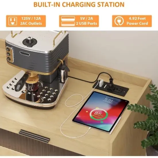 Jojoka 47inch Rustic Sideboard Buffet with Drawers & Doors, Media Console Table with Charging Station and LED Light image {3}