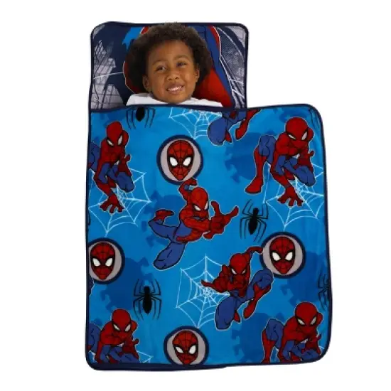 Marvel Spiderman Wall Crawler Red, White, and Blue Spider Webs Preschool Toddler Nap Mat image {1}