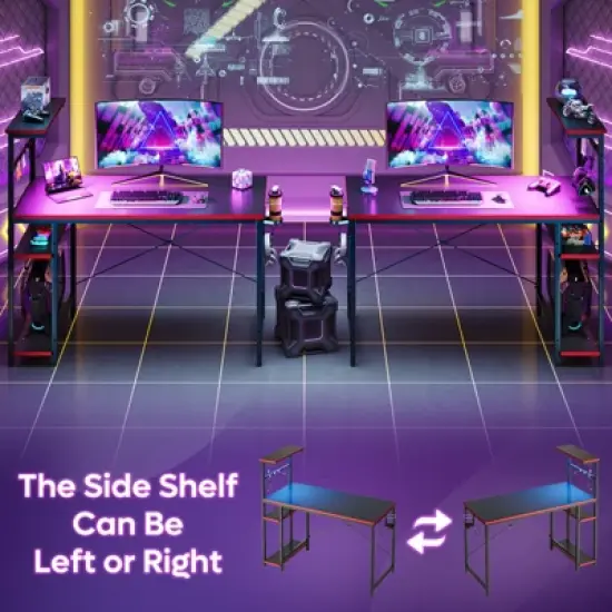 Bestier 44 inch Gaming Desk with RGB LED Light&ndash;Reversible 4-Tier Storage Shelves, Hooks, Cup holder and Magnets image {4}