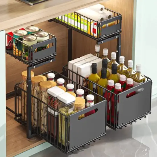 1Pc Carbon Steel Cabinet Built-In Pull-Out Basket Multi-Function Pull-Out Snack Storage Rack Home Kitchen Sink Under The Rack Without Punching image {3}