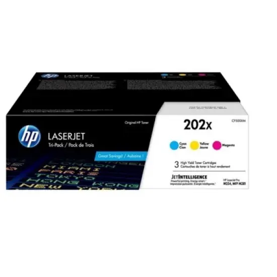 HP 202X CF500XM 3 High Yield Toner Cartridge: Cyan, Magenta & Yellow image {5}