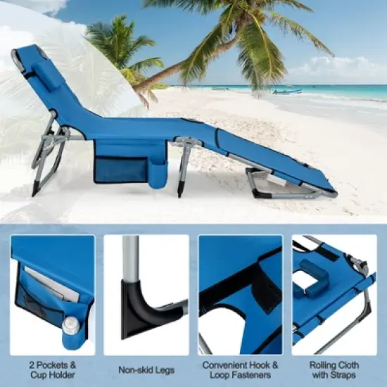 Costway Outdoor Folding Chaise 5-Position Lounge Chair with Face Hole &Adjustable Footrest Blue/Black/Beige/Navy Blue image {8}