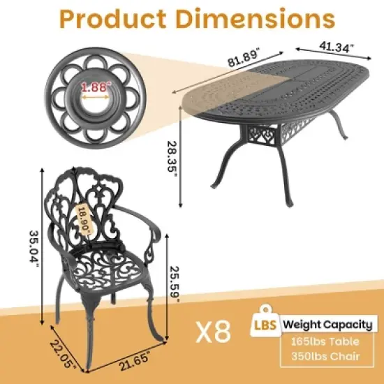 (9-PC)Premium Black Cast Aluminum Patio Set - Weather-Resistant Outdoor Table & Chairs with Beige Cushions, Umbrella Hole Included image {3}