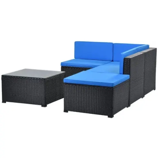 5pc Wicker Patio Sectional Seating Set with Cushions - Black/Blue - GODEER image {20}