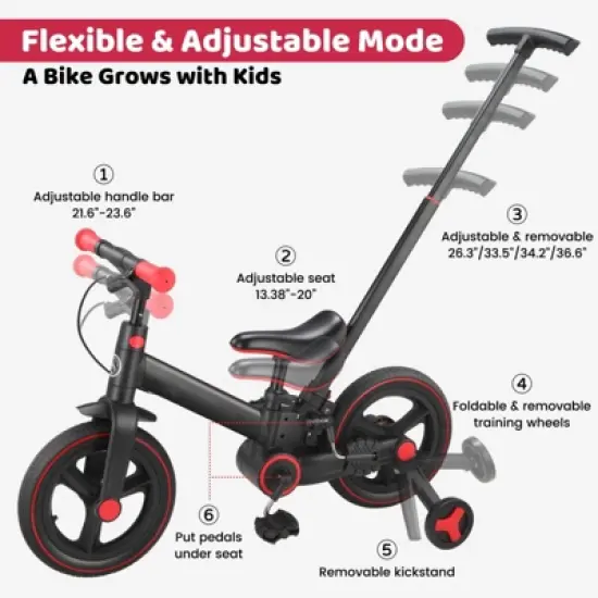 Itopfox 6-in-1 Foldable Toddler Bike with Push Handle, Training Wheels & Pedals for Kids 18-60 Months Adjustable Balance Bike for Boys & Girls image {4}