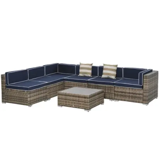 Outsunny 7-Piece Patio Furniture Sets Outdoor Wicker Conversation Sets All Weather PE Rattan Sectional sofa set with Cushions & Slat Plastic Wood Table image {3}