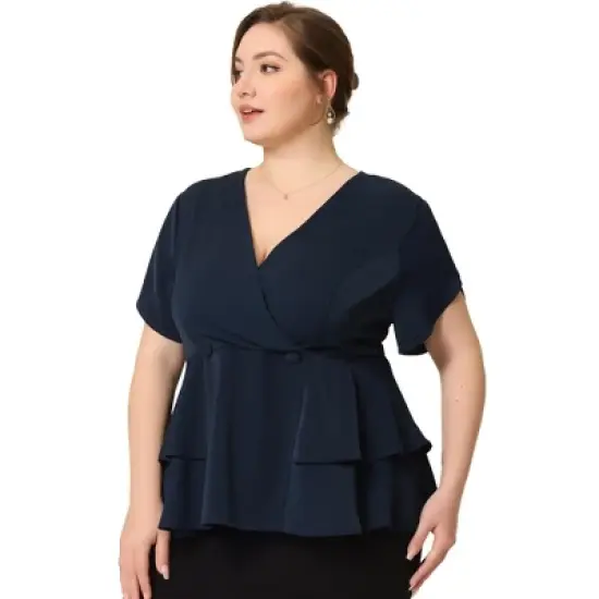 Agnes Orinda Women's Plus Size Peplum V Neck Ruffle Hem Buttons Front Work Formal Top image {2}