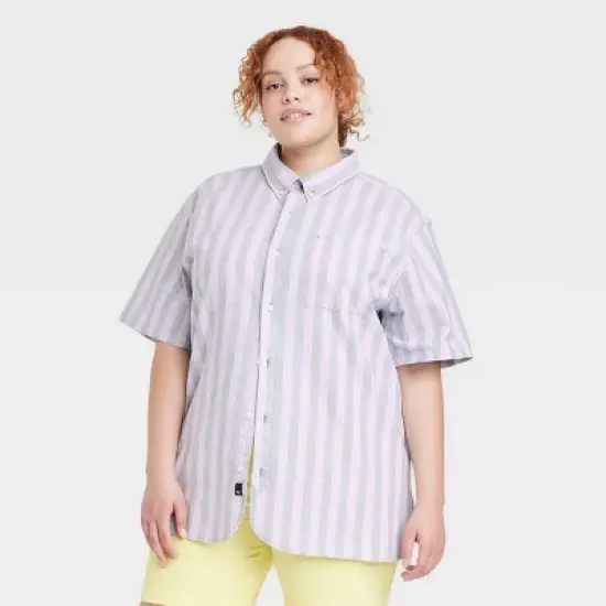 Houston White Adult Short Sleeve Oxford Woven Button-Down Shirt - Purple Striped image {3}