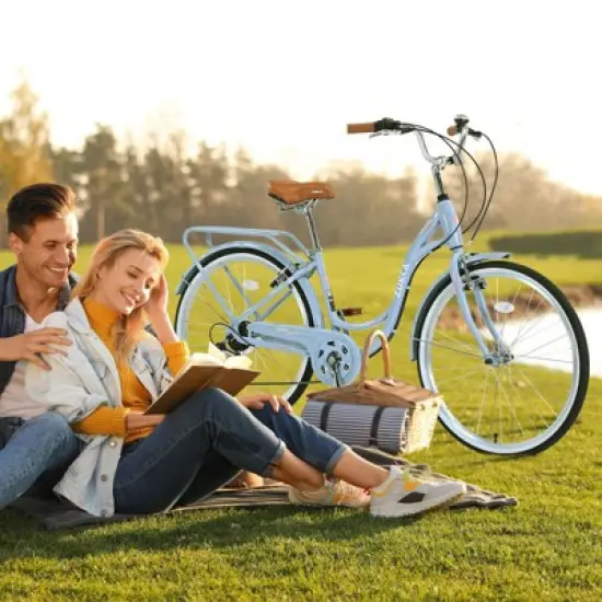 INFURNIC Bicycles 7 Speed Ladies Bike with Steel Frame and V Brakes for Commuter and Leisure Riding, Blue, 62.2"*23.62"*40.16" image {4}