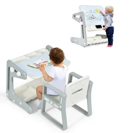 Costway 2 in 1 Kids Easel Table & Chair Set Adjustable Art Painting Board Gray/Blue/Light Pink image {11}